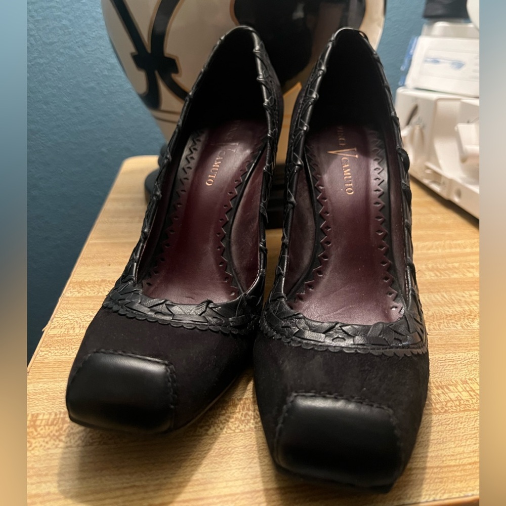 Vince Camuto Black Braided Trim Square-Toe Pumps